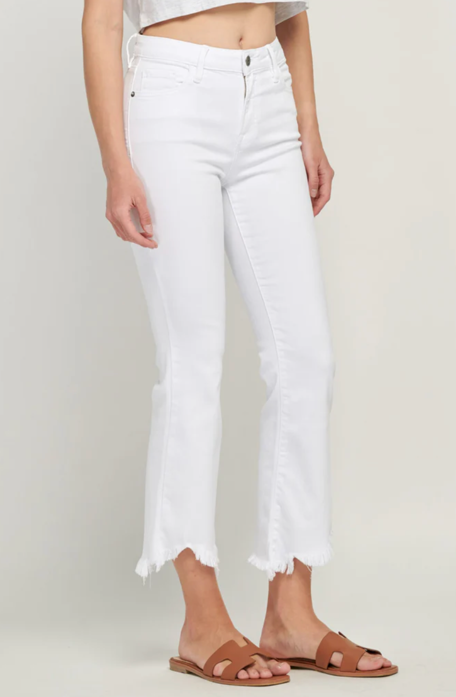 Happi White Frayed Cropped Flare Jeans
