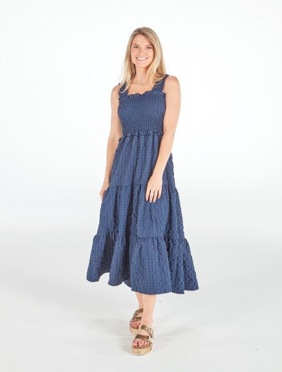 Navy Blue Textured Puff Maxi Dress