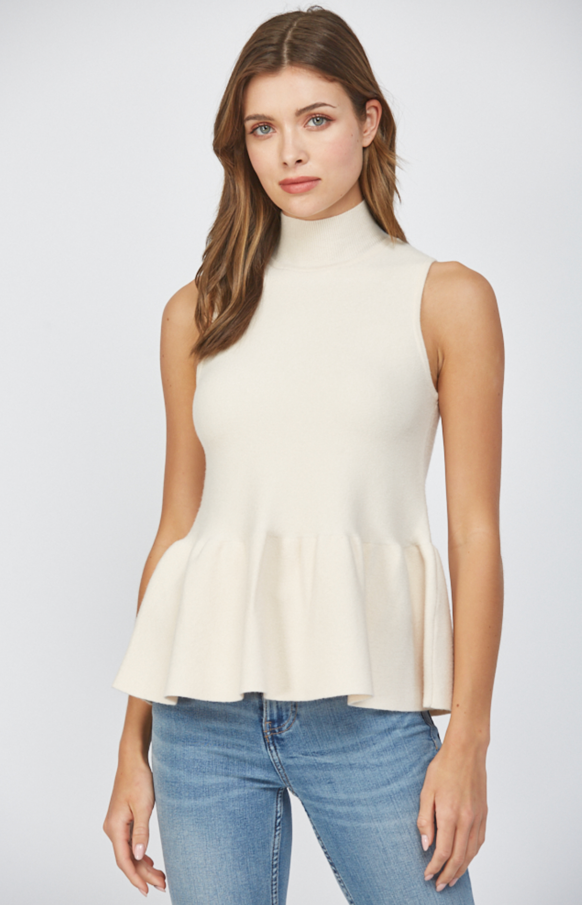 French Vanilla Mock Neck Peplum Tank Sweater