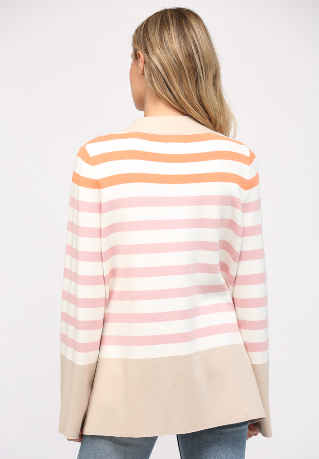 Striped Mock Neck Bell Sleeve Sweater