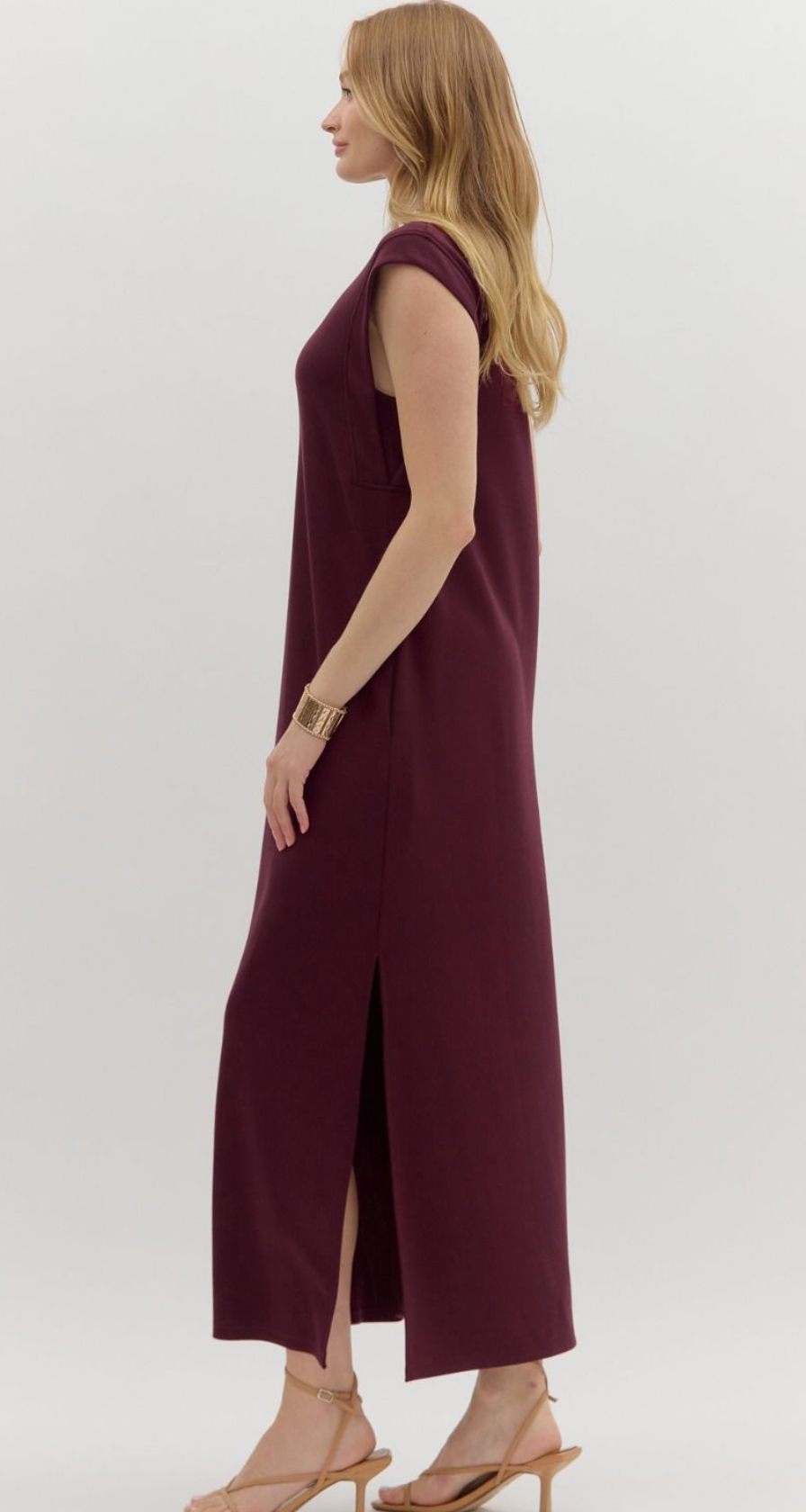 Wine Jersey Knit Midi Dress