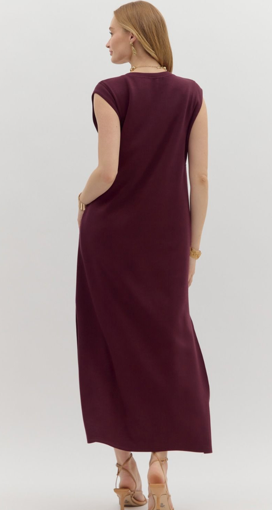 Wine Jersey Knit Midi Dress