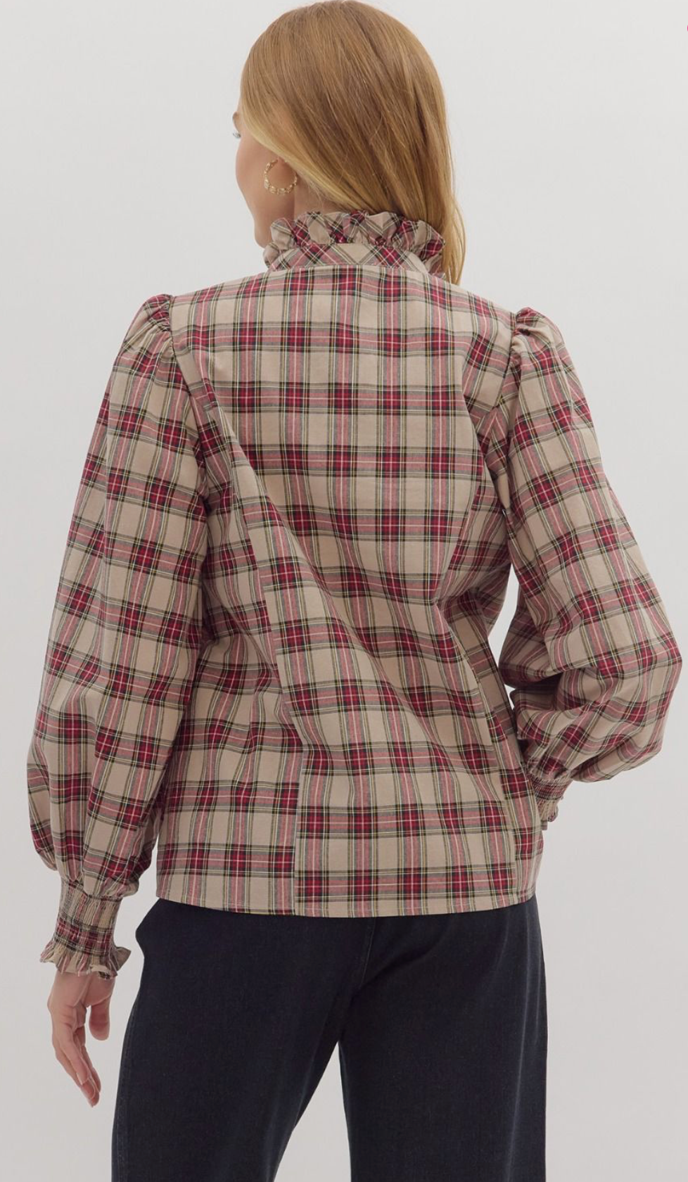 Taupe Plaid Long Sleeve Blouse