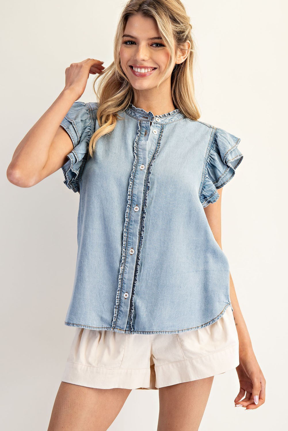 Denim Ruffle Sleeve Top