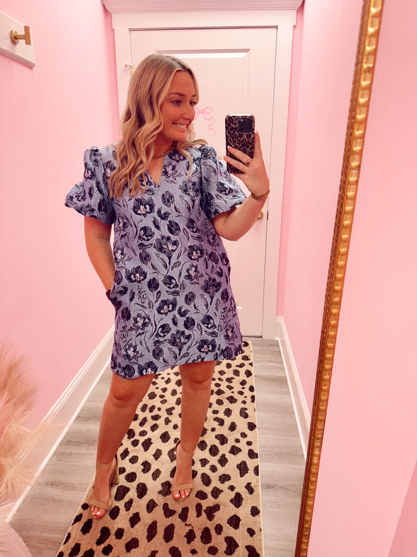 Floral Jacquard Bubble Sleeve Mini Dress