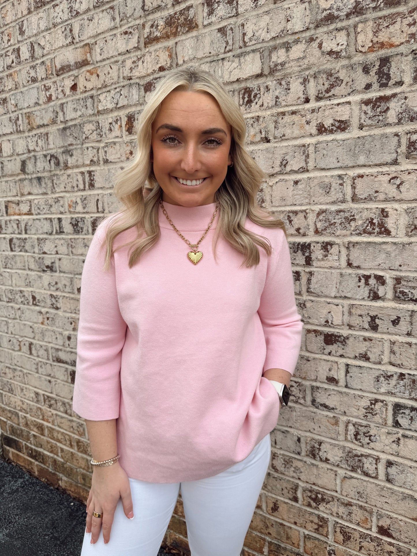 Joy Mock Neck Pink Bell Sleeve Sweater