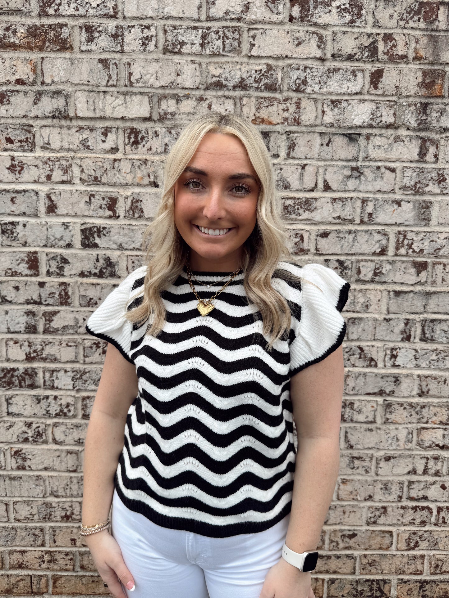 Ivory & Black Wavy Striped Ruffle Sleeve Top