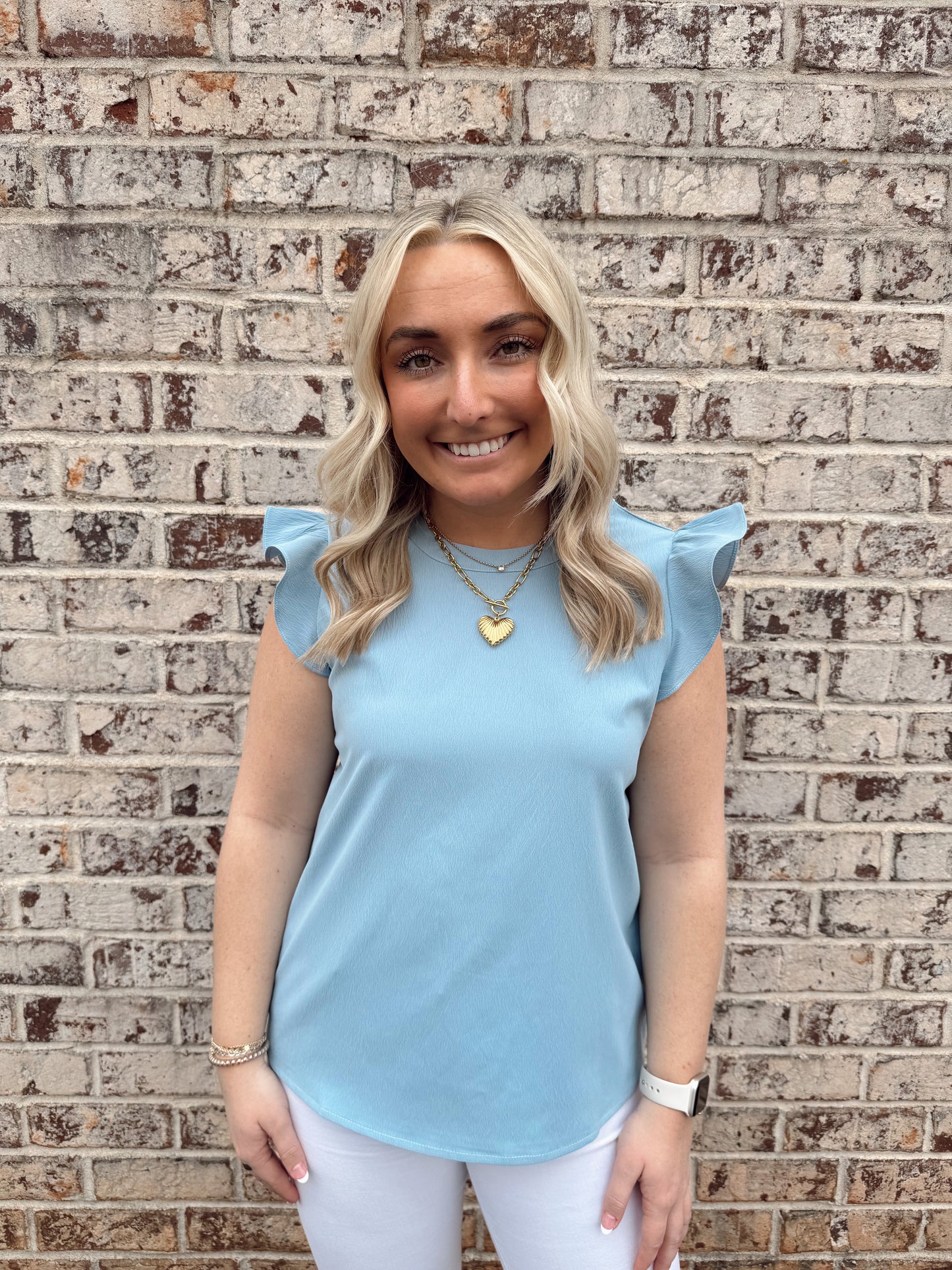 Blue Satin Ruffle Sleeve Top