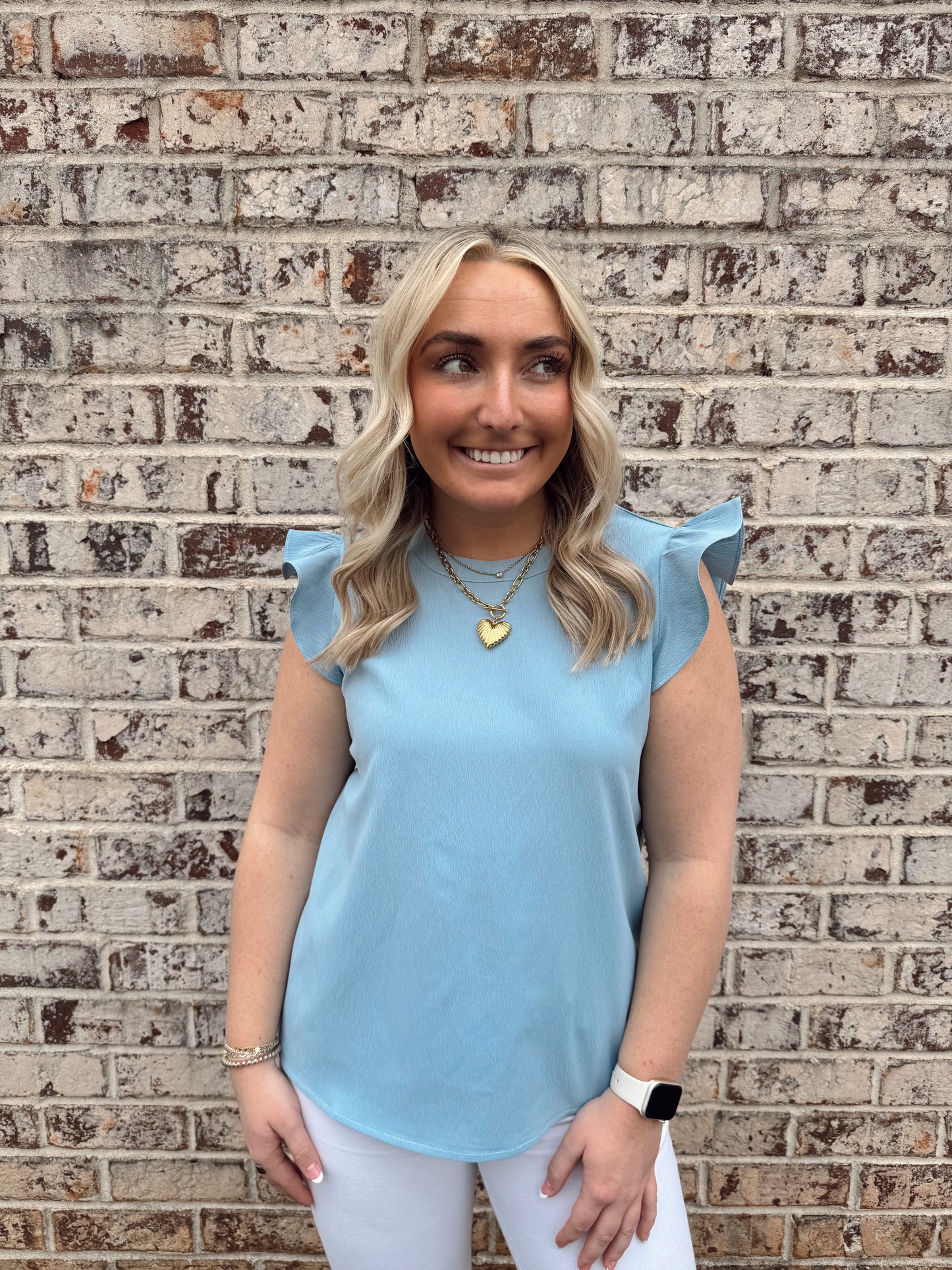 Blue Satin Ruffle Sleeve Top