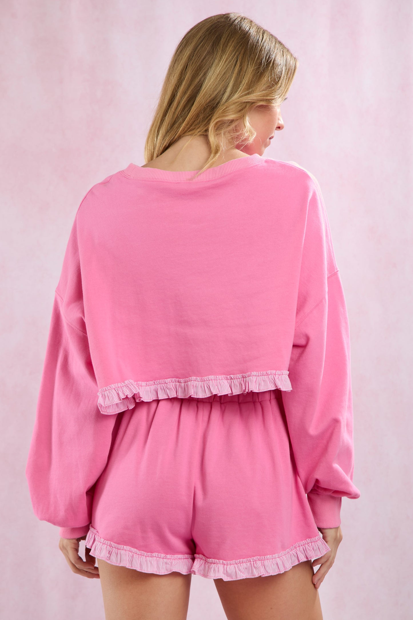 Perfectly Pink Pinstripe Ruffle Sweatshirt & Sweatskort Set