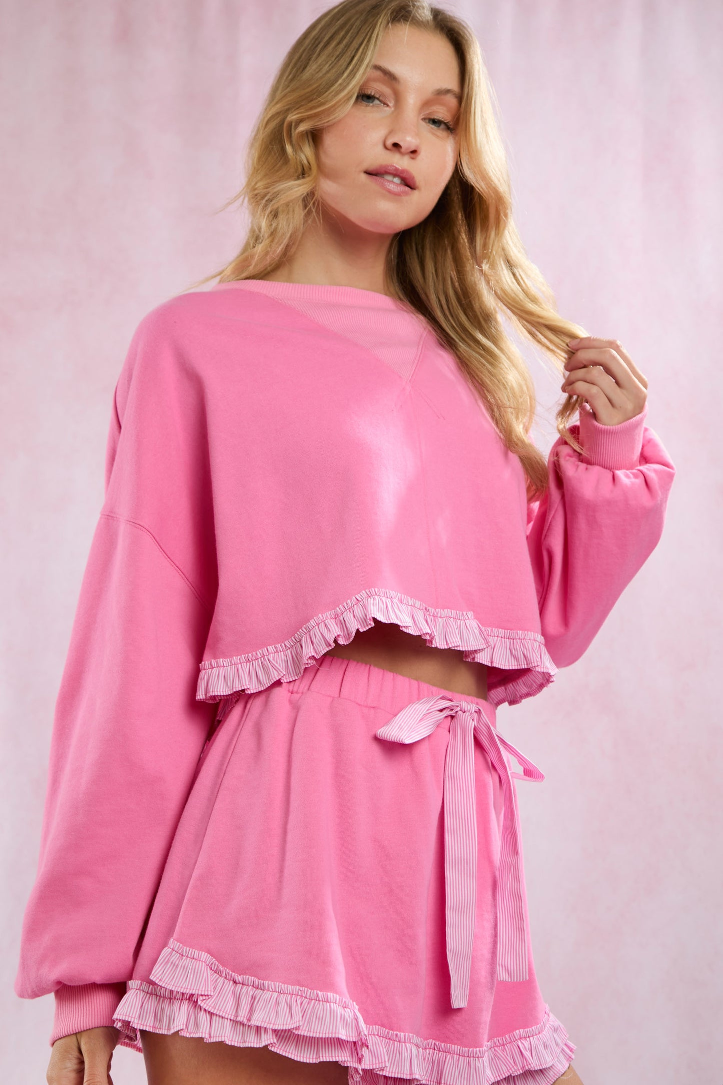 Perfectly Pink Pinstripe Ruffle Sweatshirt & Sweatskort Set