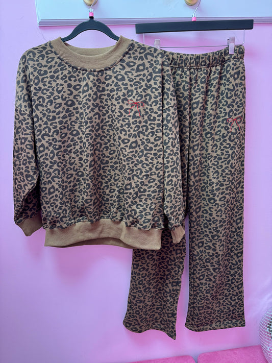 Leopard Sweat Set with Bow Detail - Brown/Black