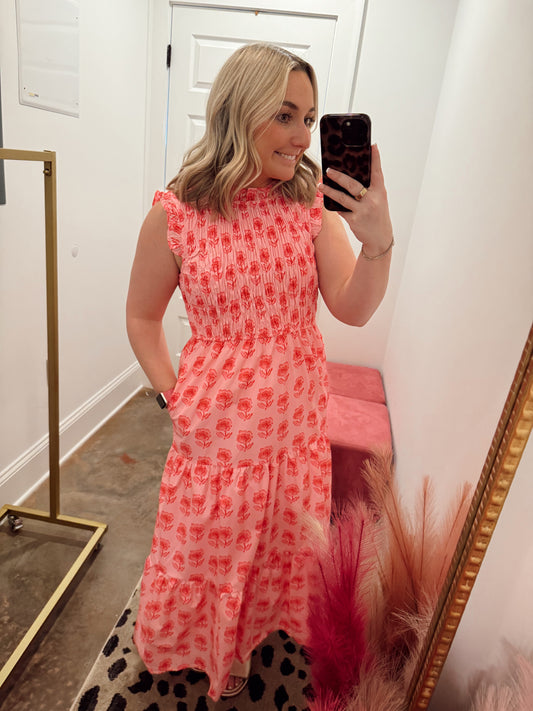 Red & Pink Floral Smocked Maxi Dress