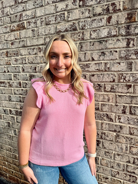 Pink Ribbed Flutter Sleeve Top