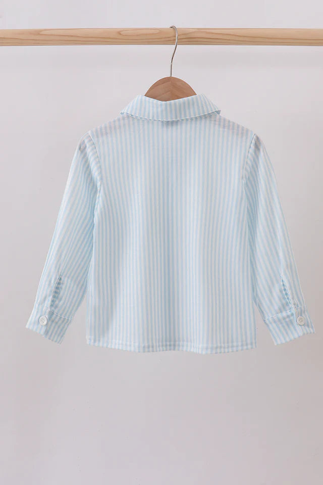 Blue Striped Christmas Tree Button Down