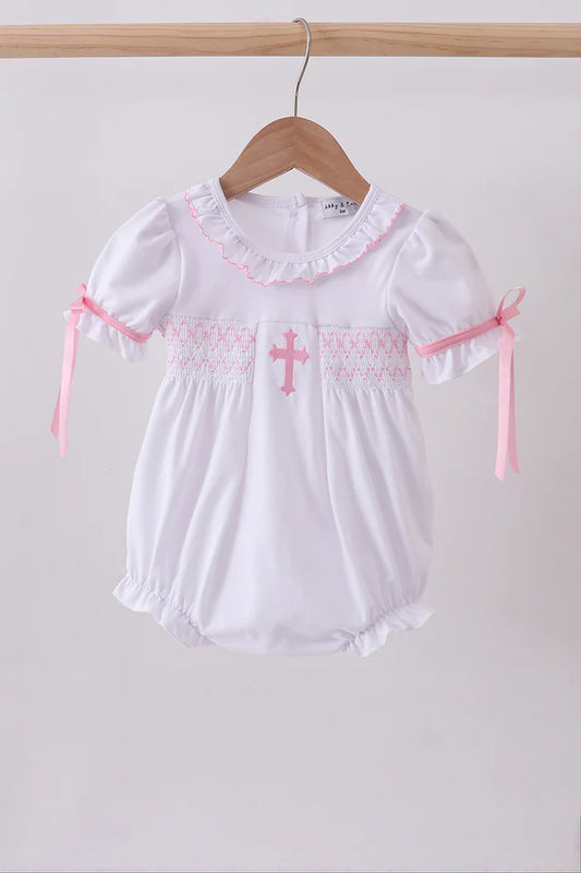 Pink Cross Smocked Ruffle Bubble