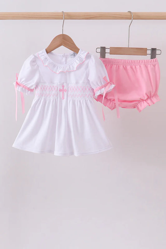 Pink Cross Smocked Ruffle Bloomer Set