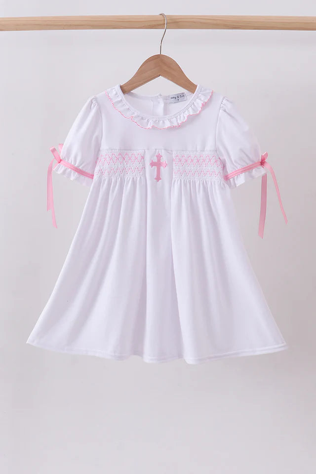 Pink Cross Smocked Ruffle Dress