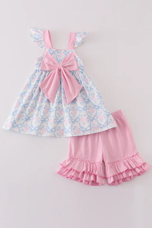 Blue Bow Floral Print Little Girl Set