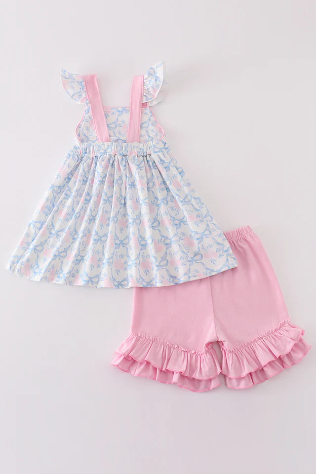 Blue Bow Floral Print Little Girl Set