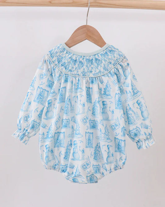 Blue Snowman Smocked Bubble