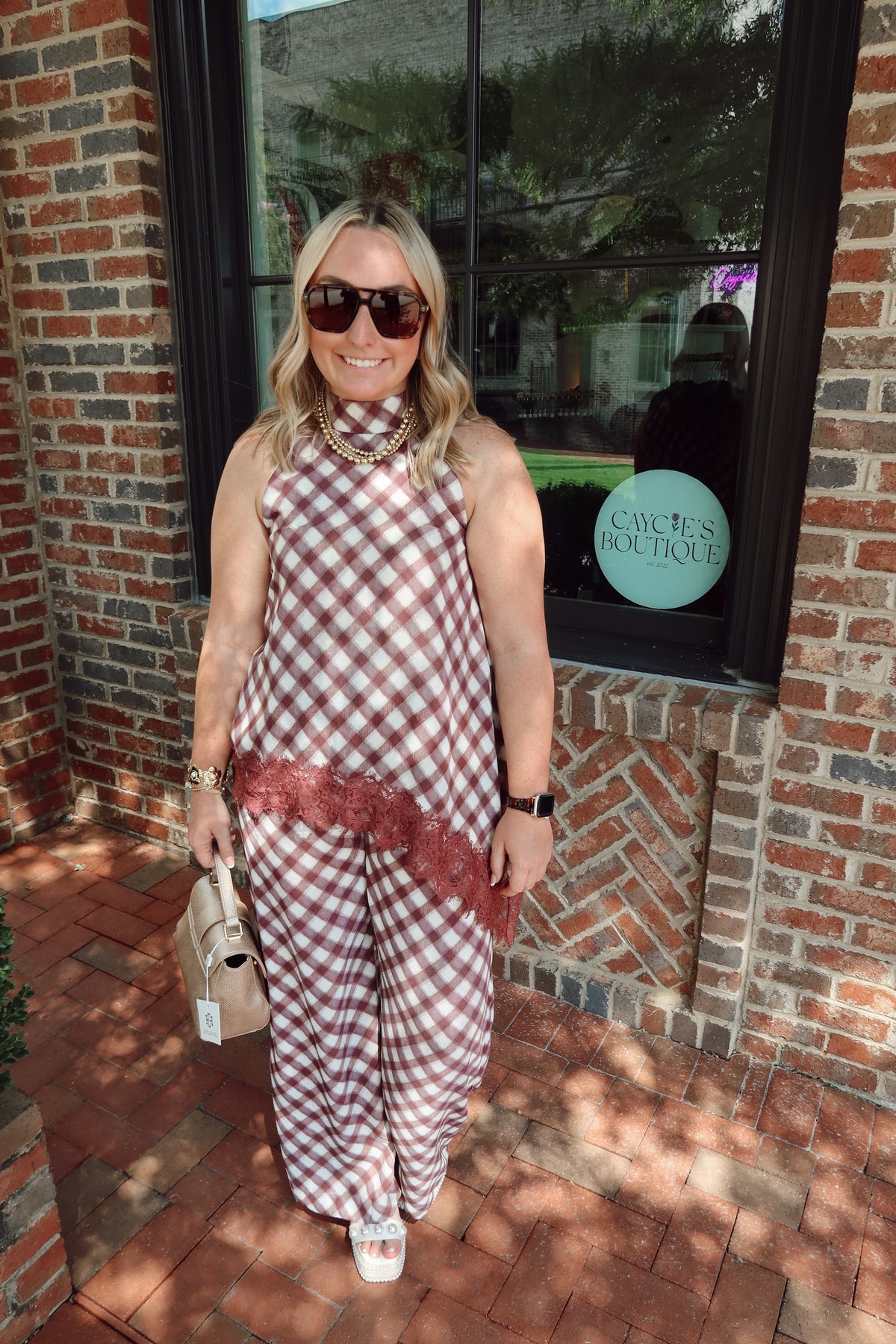 Merlot Checkered Lace Top & Pant Set