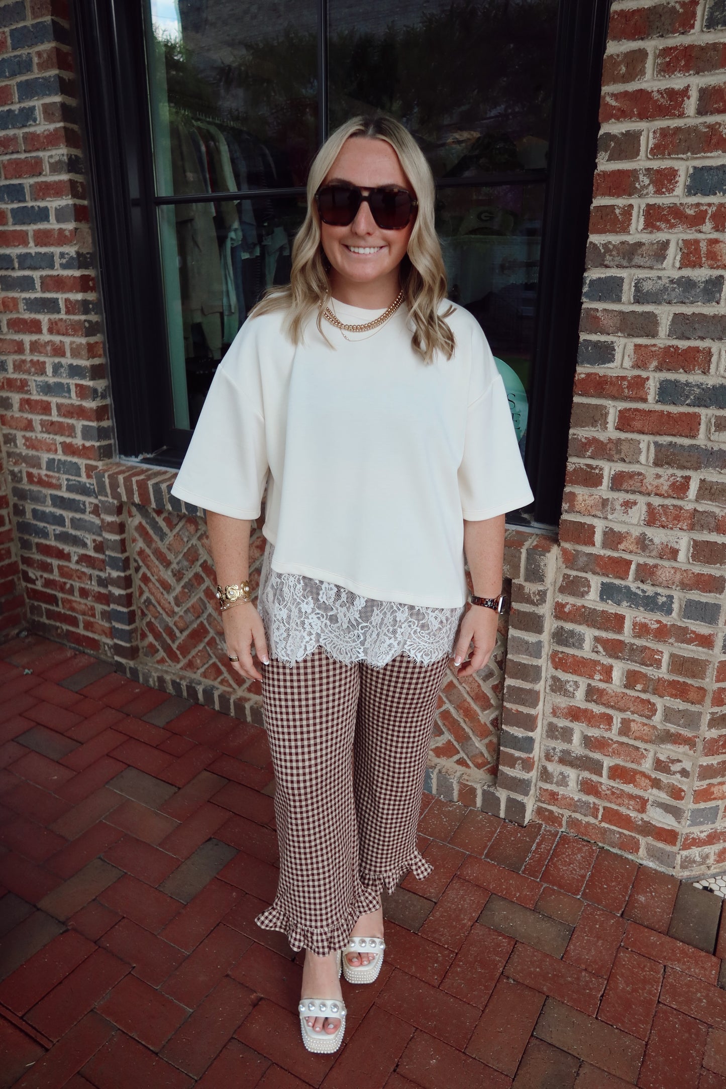 Brown Gingham Ruffle Trousers
