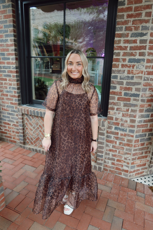 Leopard Sheer Mockneck Maxi Dress