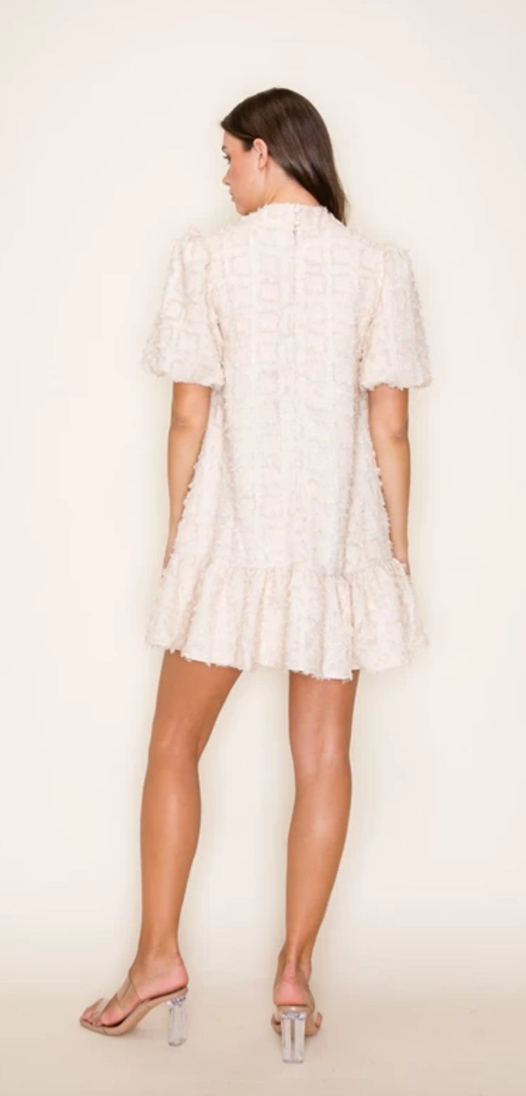 Graceful Puff Sleeve Taupe Ruffle Dress