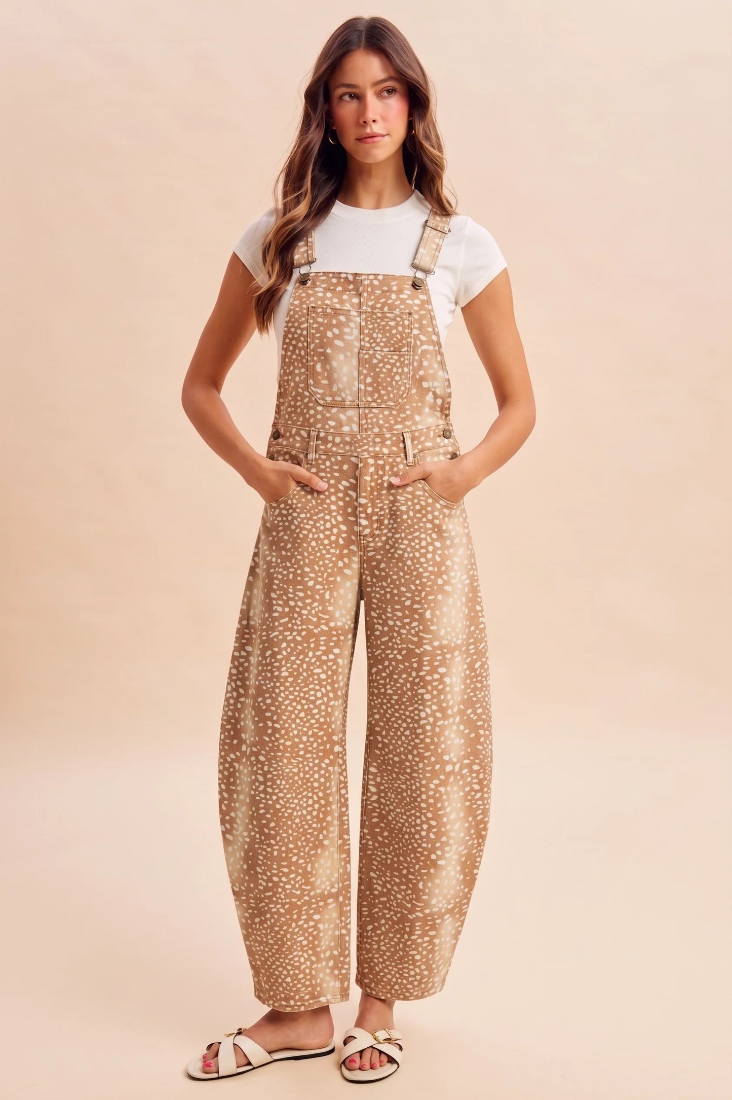 Deer Print Barrel Jean Overalls
