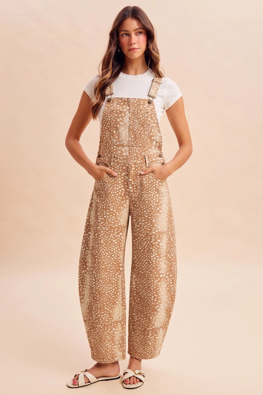 Deer Print Barrel Jean Overalls
