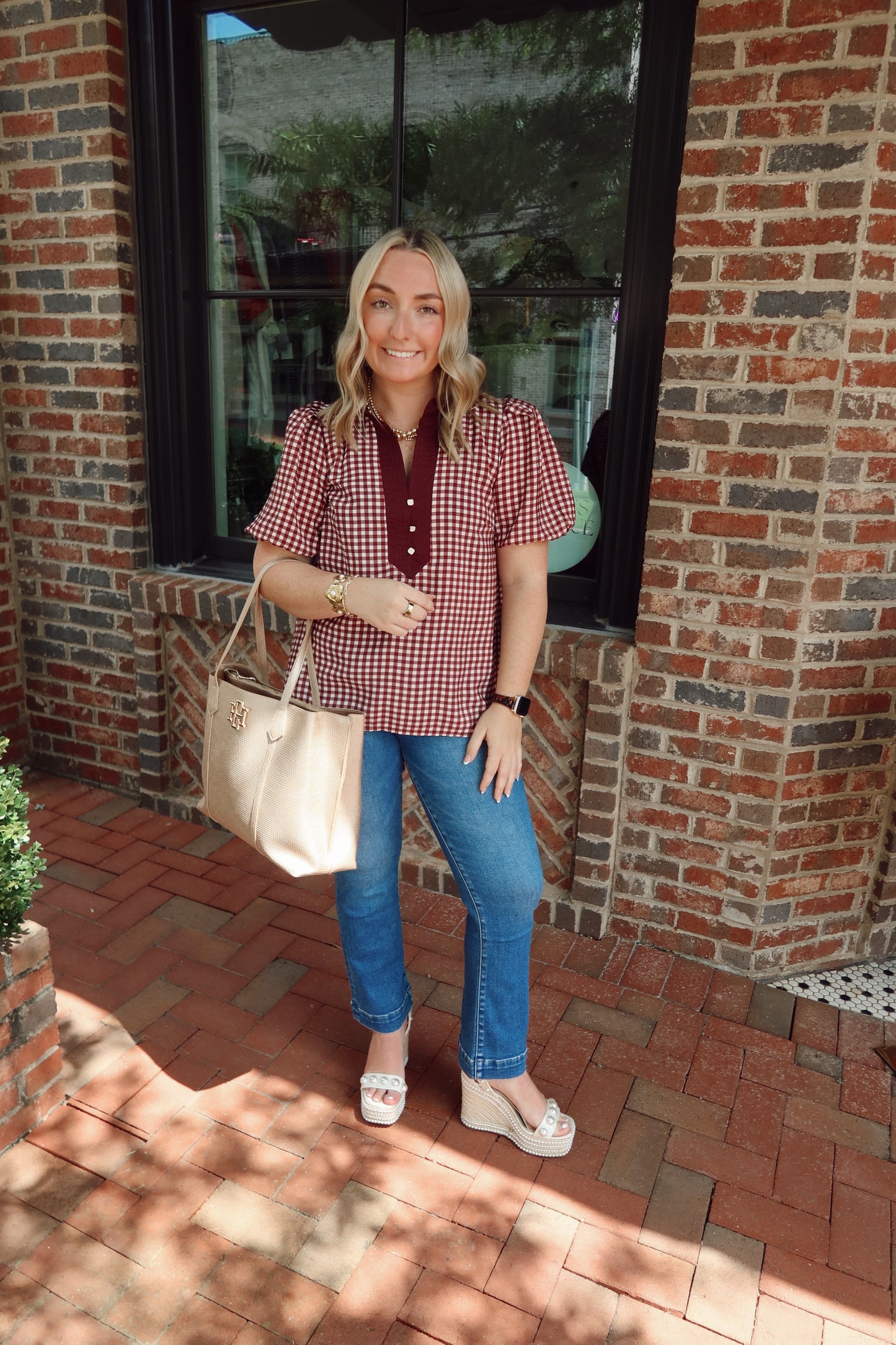 Merlot Gingham Puff Sleeve Top