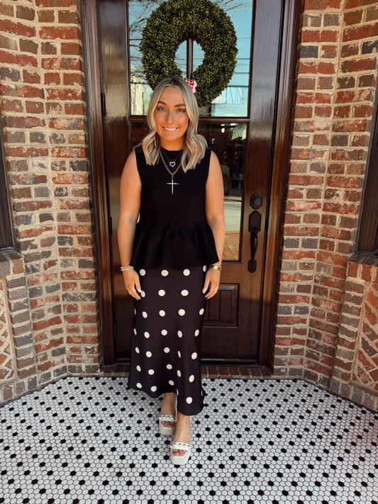 Black Polka Dot Elastic Waistband Maxi Skirt