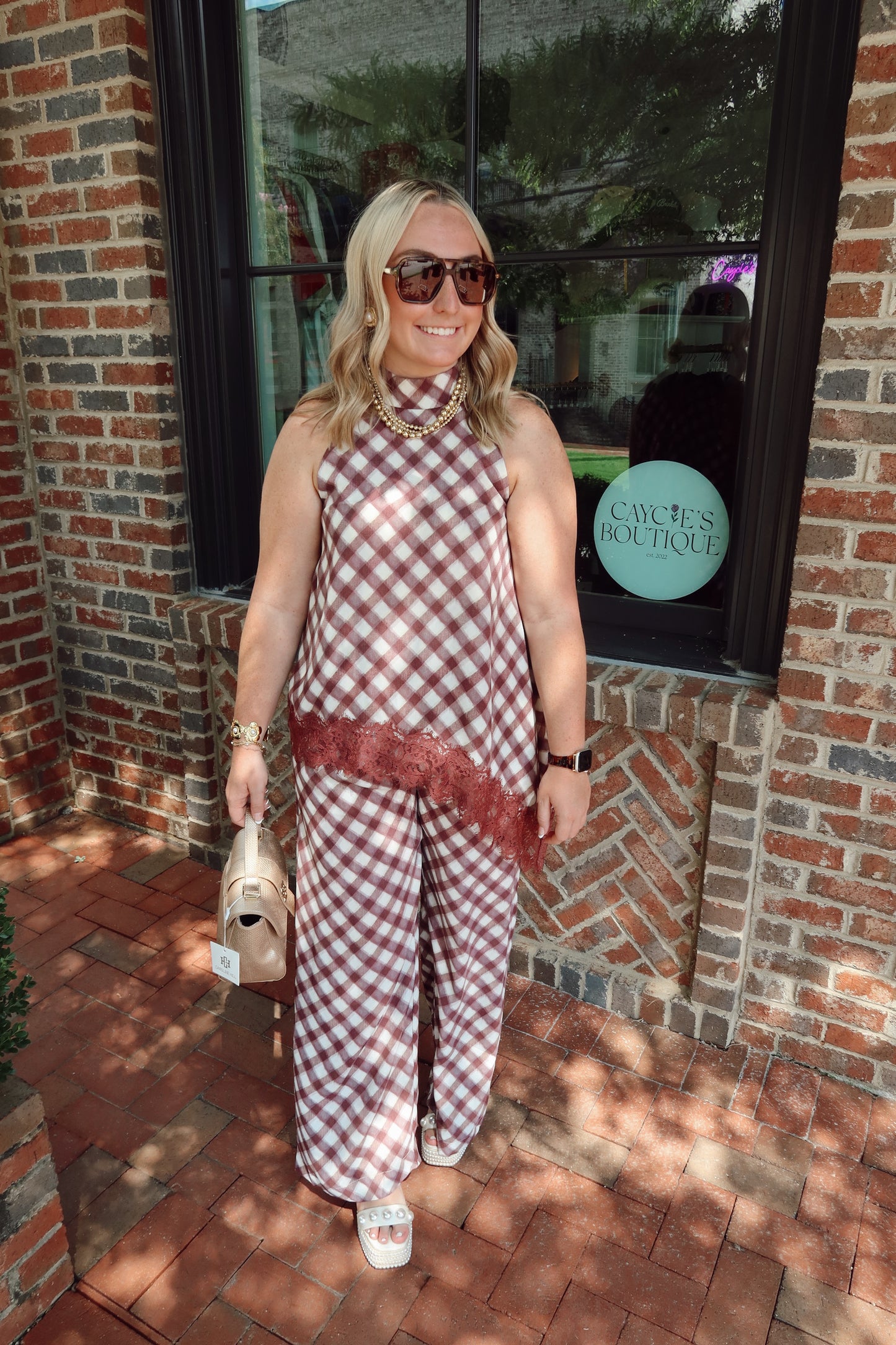 Merlot Checkered Lace Top & Pant Set