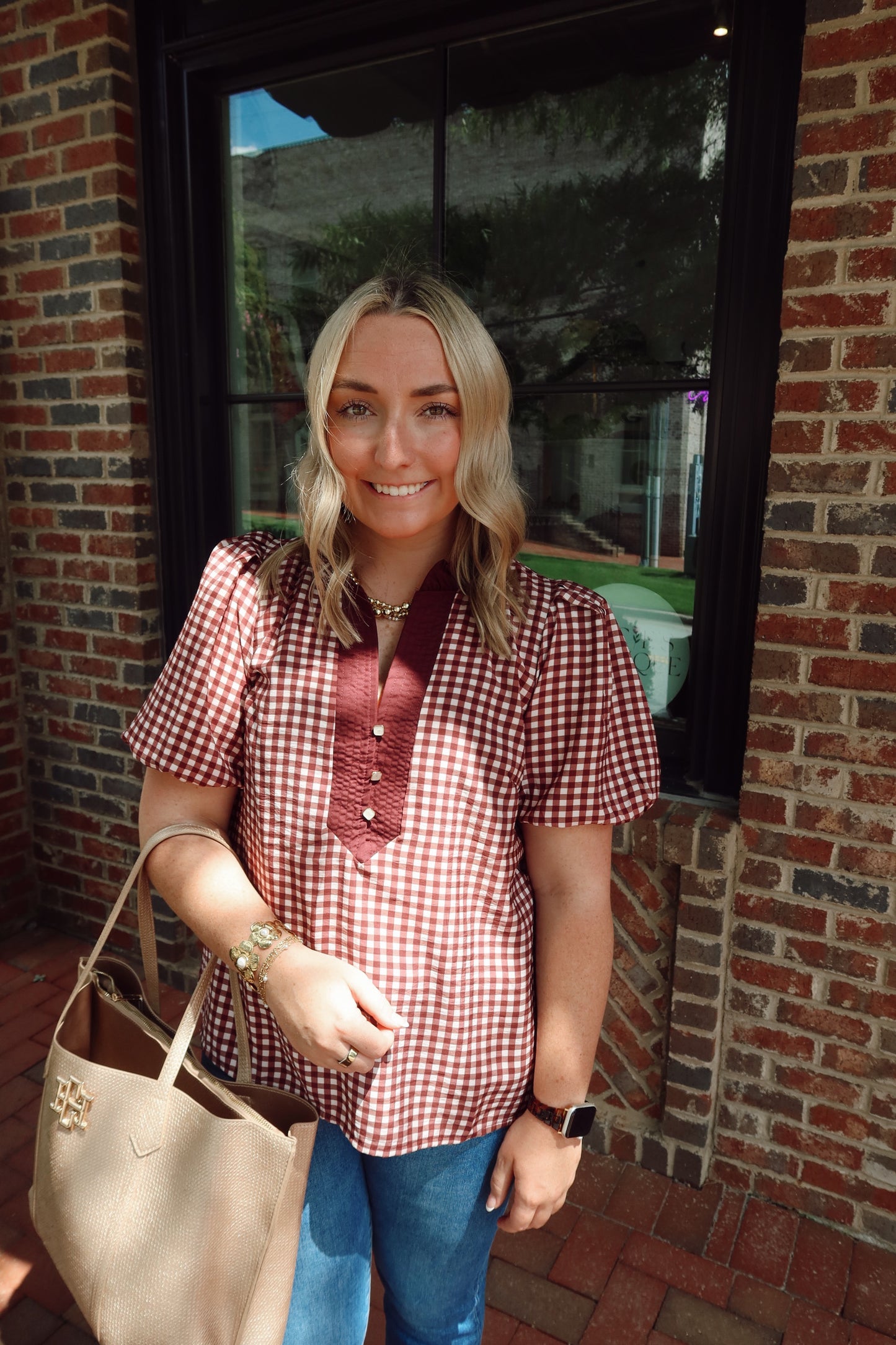 Merlot Gingham Puff Sleeve Top