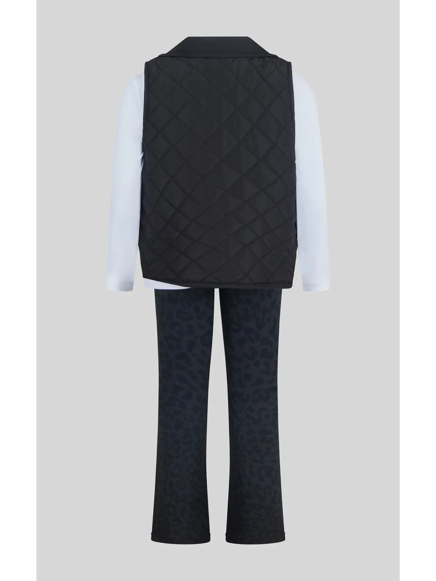 Youth Girls | Black Leopard Puffy Vest, Top & Flare Pant Set