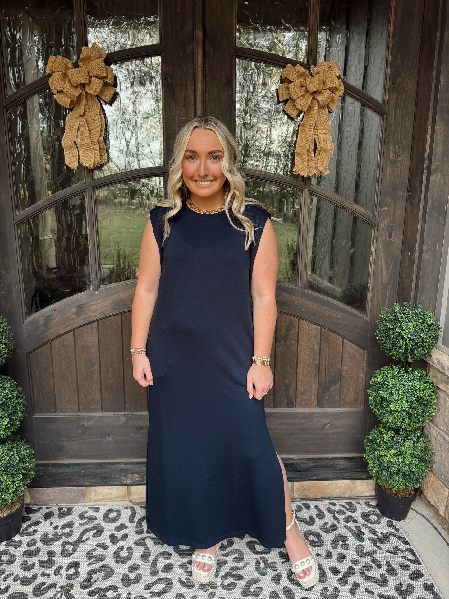 Navy Jersey Knit Midi Dress