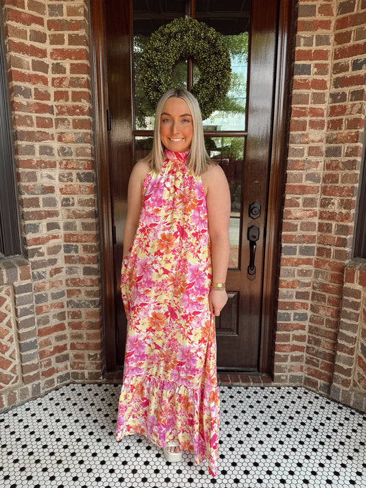Sunset Floral Halter Mock Neck Maxi Dress
