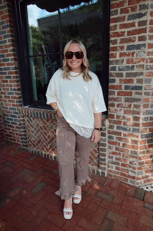 Brown Gingham Ruffle Trousers