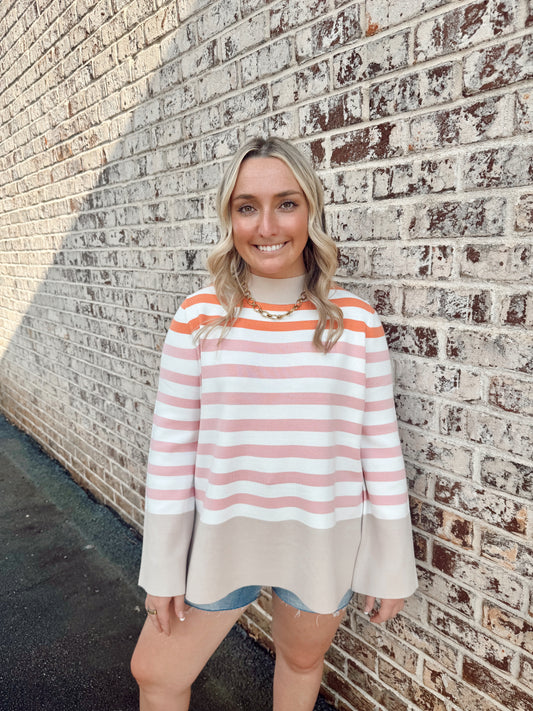 Striped Mock Neck Bell Sleeve Sweater