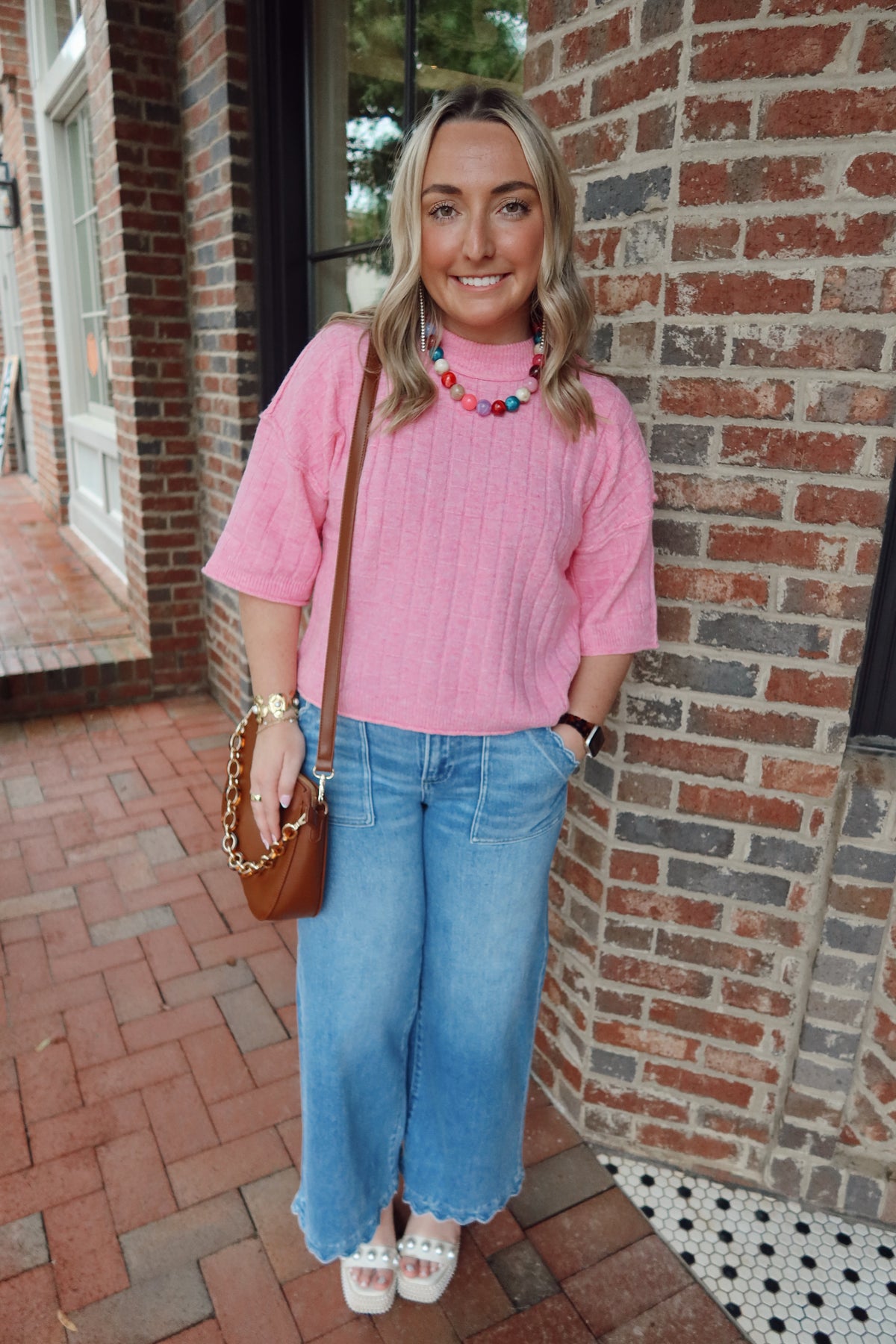 Pink Ribbed Short Sleeve Knit Top