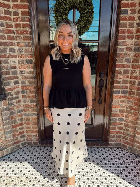 Off White Polka Dot Elastic Waistband Maxi Skirt