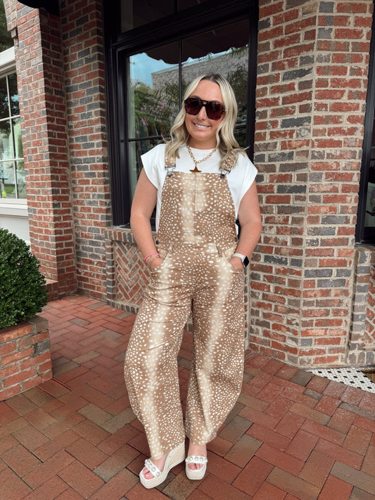 Deer Print Barrel Jean Overalls
