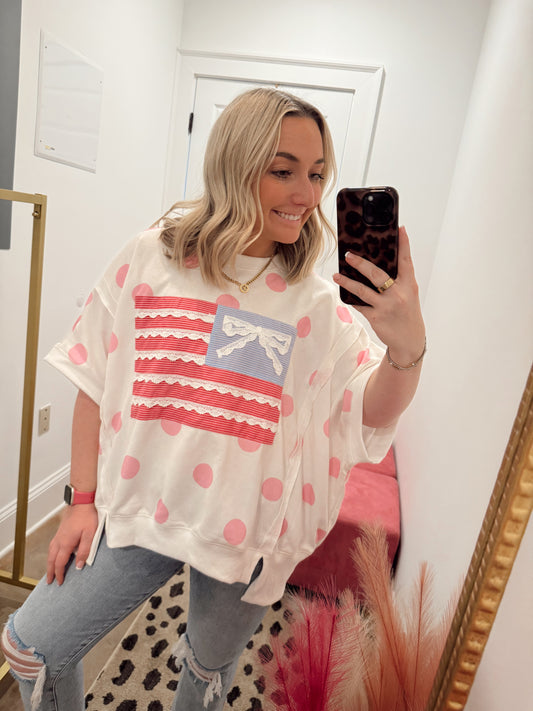 Oversized Bow Flag Pink Polka Dot Tee