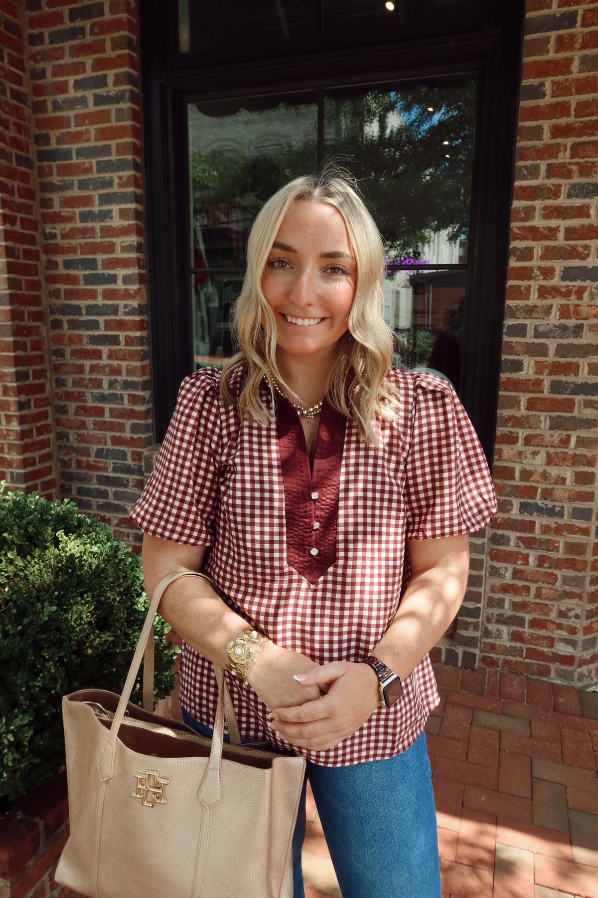 Merlot Gingham Puff Sleeve Top