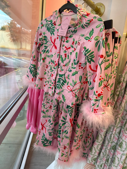 Kids Pink Mistletoe Bow PJ Set