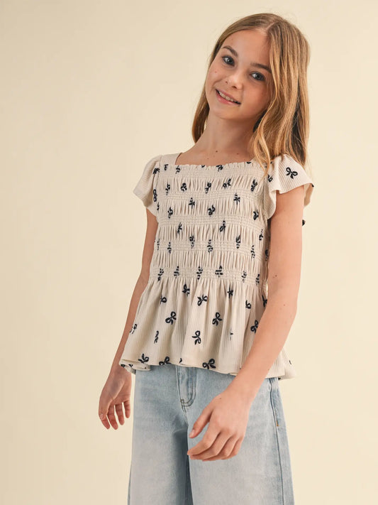 Hadley Bow Flutter Sleeve Smocked Top (Girls 7-14)