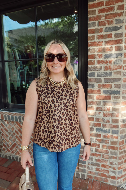 Leopard Faux Suede Smocked Edge Top