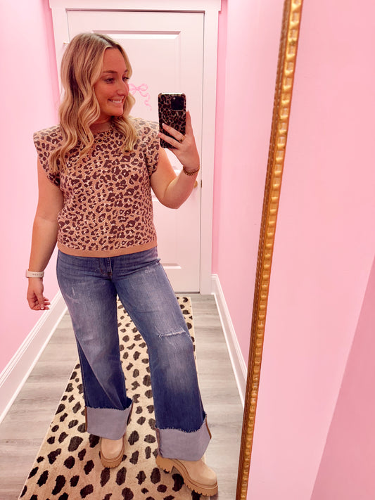 Camel Leopard Cap Sleeve Sweater Top
