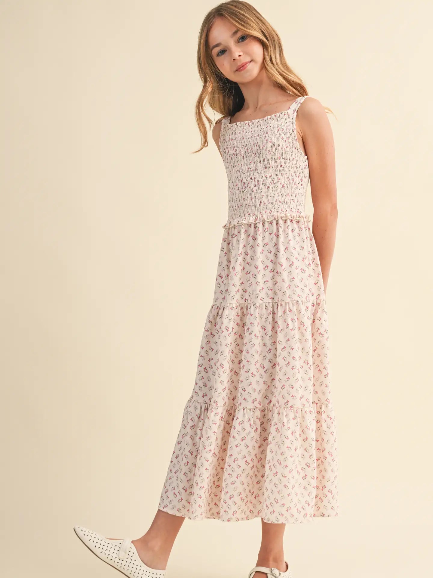 Amelia Smocked Floral Midi Dress (Girls 7-14)